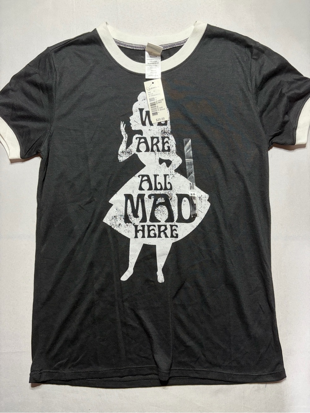 Women’s Medium Black RingerThin T-Shirt White Alice Graphic Halloweeen